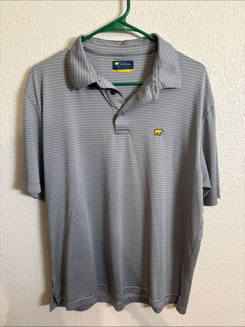 Jack Nickolas Gray Pinstripe Gold Polo with Yellow Logo Sz. Lg